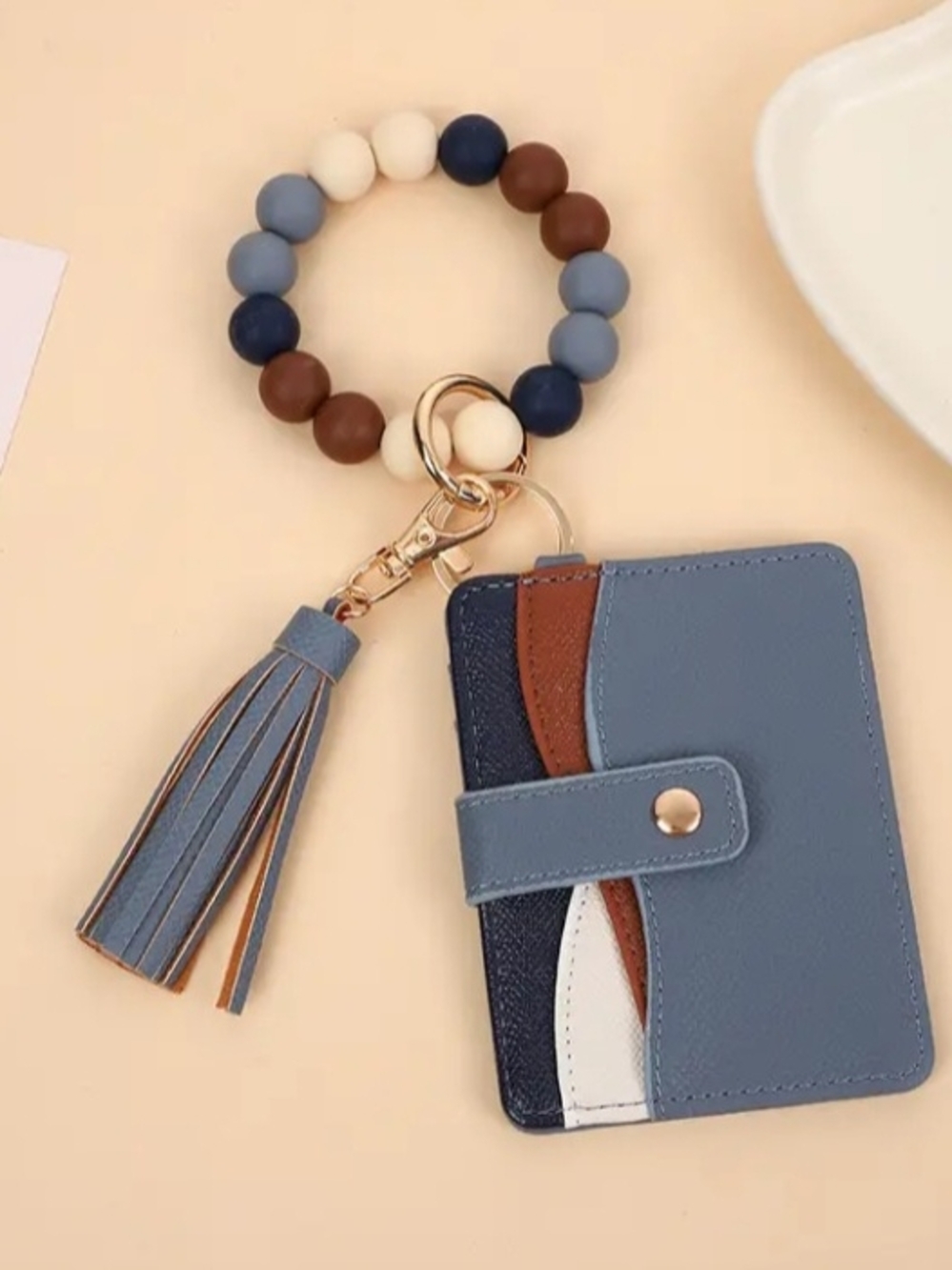 Wristlet Card Holder Keychain with Tassel - Blue Multi